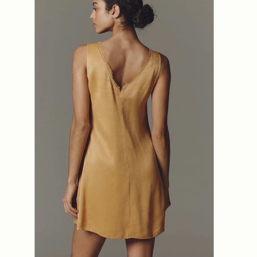NWT By Anthropologie Sleeveless Lace Trim Gold Mini Romantic‎ Slip Dress S